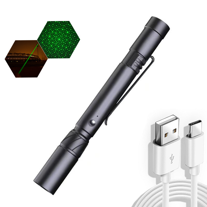 Mini USB-töltésű lézer zseblámpa, hosszú hatótávolságú, nagy teljesítményű fénynyaláb; lézer-távolság 1 km, hullámhossz 532 nm, beépített lítium akkumulátor
