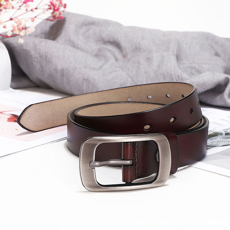 Curea decorativă de damă din piele naturală, din două straturi de piele de vită, cataramă din aliaj, închidere cu cui, stil vintage