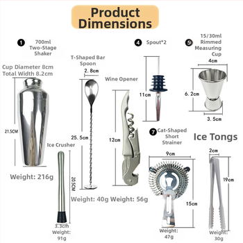 Nerezový 9-dielny set na miešanie kokteilov z nerezovej ocele – moderný minimalistický štýl barových nástrojov