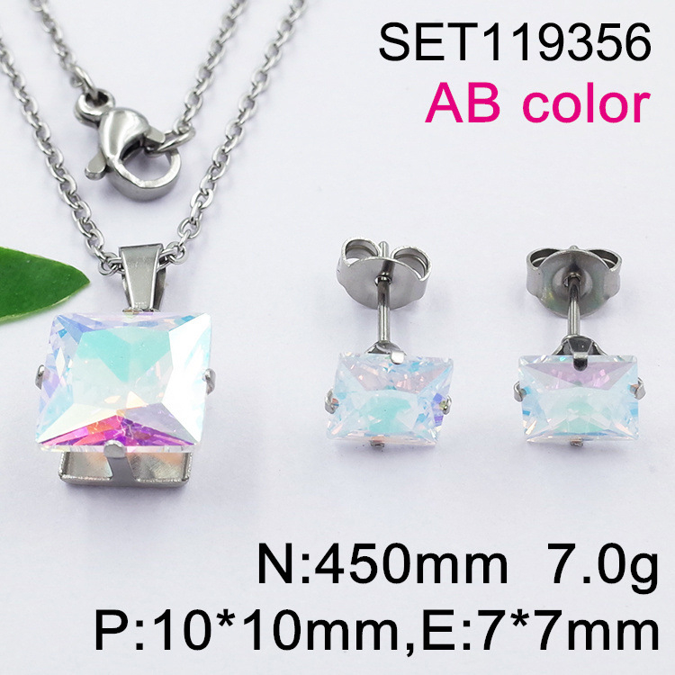 Set naušnica i lančić s kvadratnim cirkonom, titan čelik, O-lanac, unisex, 3A cirkon