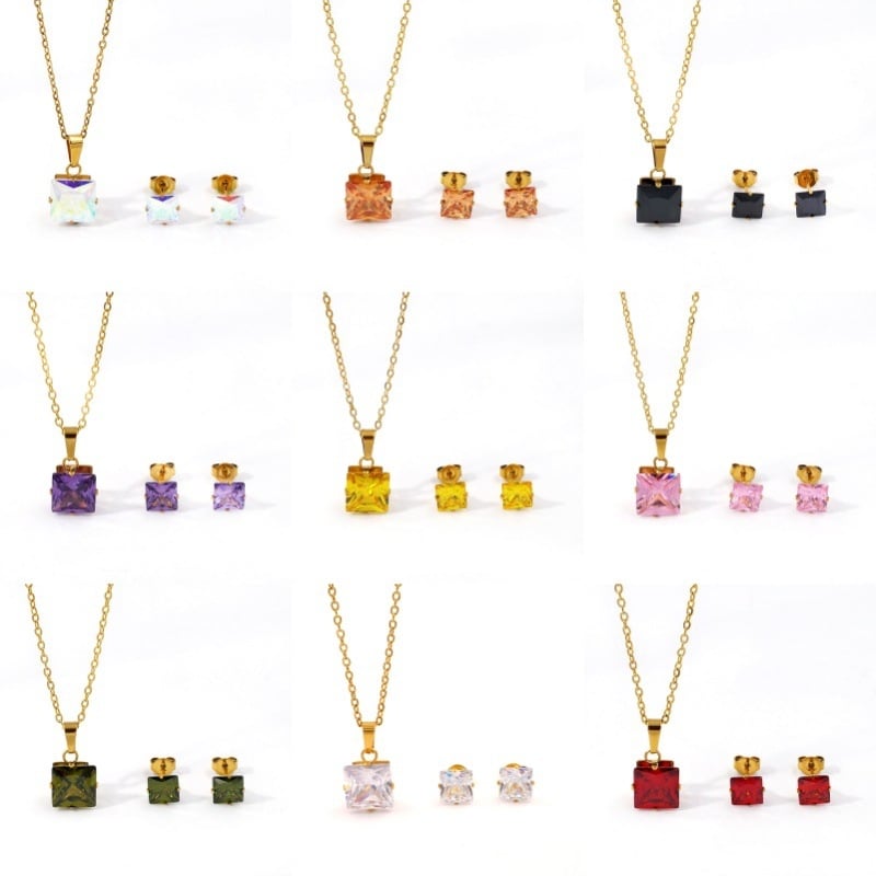 Set naušnica i lančić s kvadratnim cirkonom, titan čelik, O-lanac, unisex, 3A cirkon