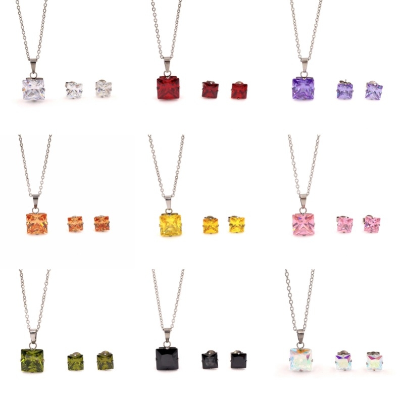 Set naušnica i lančić s kvadratnim cirkonom, titan čelik, O-lanac, unisex, 3A cirkon