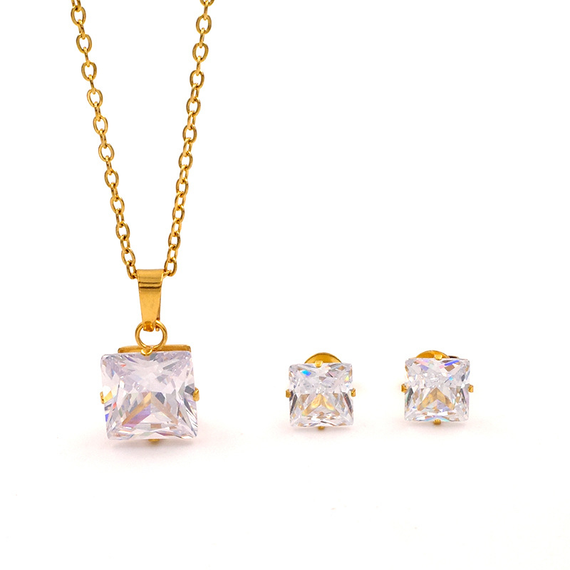 Set naušnica i lančić s kvadratnim cirkonom, titan čelik, O-lanac, unisex, 3A cirkon