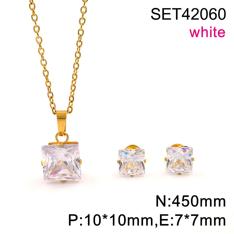 Set naušnica i lančić s kvadratnim cirkonom, titan čelik, O-lanac, unisex, 3A cirkon