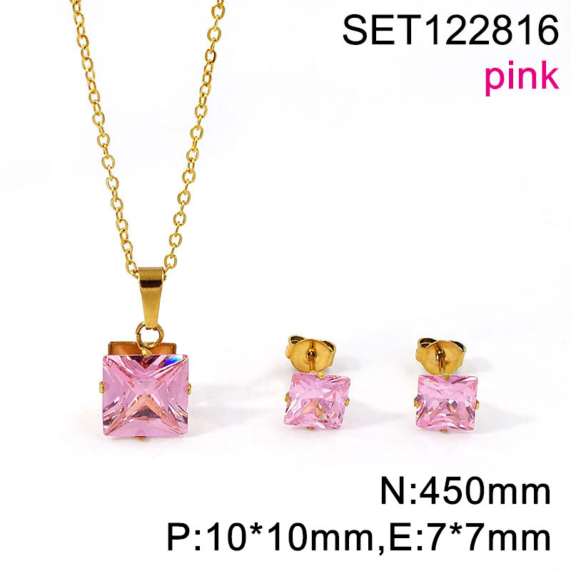 Set naušnica i lančić s kvadratnim cirkonom, titan čelik, O-lanac, unisex, 3A cirkon