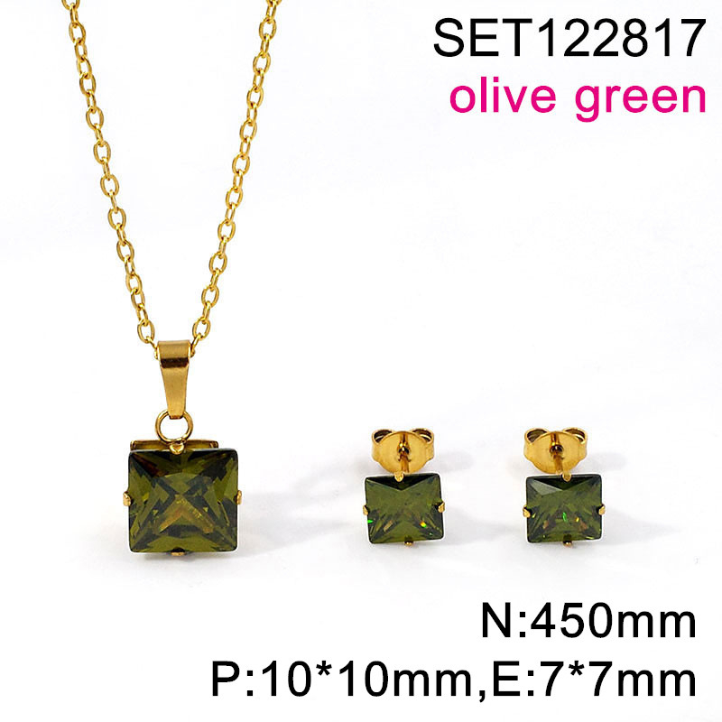 Set naušnica i lančić s kvadratnim cirkonom, titan čelik, O-lanac, unisex, 3A cirkon