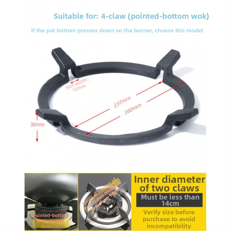Nerezová oceľová podpera na plynový sporák, držiak na wok a hrniec s mliekom, protišmykový, univerzálny s štyrmi alebo piatimi pazúrmi