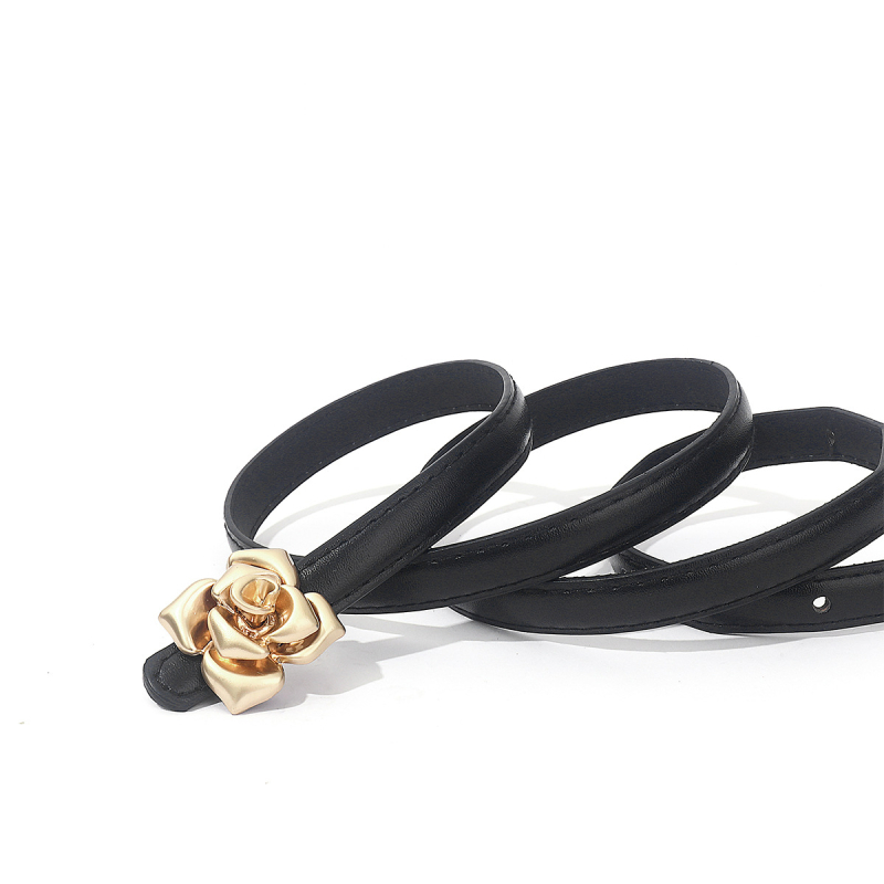 Curea subțire pentru femei cu cataramă 3D în formă de floare, PU, cataramă din aliaj, închidere netedă, lățime <2 cm