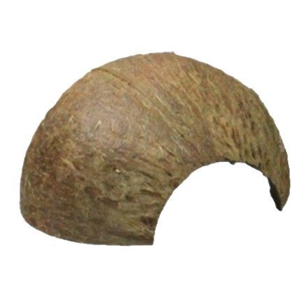 Natural coconut shell reptile cave hideout for lizards, geckos, spiders, snakes, scorpions, hamsters, centipedes and hermit crabs; material: coconut shell; purpose: reptile and small-pet habitat; imported: No