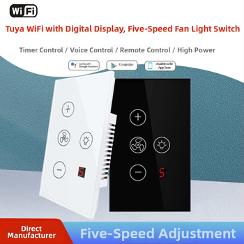 JEUMP WiFi vypínač pre ventilátor a svetlo s digitálnym displejom, päťrýchlostné nastavenie, hlasové ovládanie – 100-240V AC, 10A, montážne otvory 83,5 mm, panel z ohňovzdorného PC, 1 000 000 cyklov