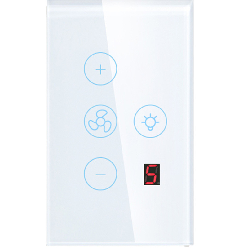 JEUMP WiFi превключвател за вентилатор и светлина с цифров дисплей, петстепенно регулиране и гласов контрол – 100-240V, 10A, монтажни отвори 83,5 мм, огнеупорен PC панел, 1 000 000 цикъла