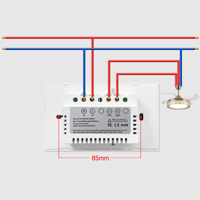 JEUMP WiFi превключвател за вентилатор и светлина с цифров дисплей, петстепенно регулиране и гласов контрол – 100-240V, 10A, монтажни отвори 83,5 мм, огнеупорен PC панел, 1 000 000 цикъла