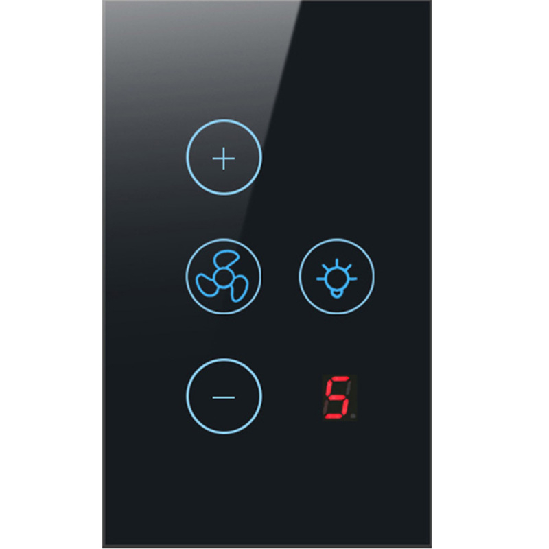 JEUMP WiFi превключвател за вентилатор и светлина с цифров дисплей, петстепенно регулиране и гласов контрол – 100-240V, 10A, монтажни отвори 83,5 мм, огнеупорен PC панел, 1 000 000 цикъла