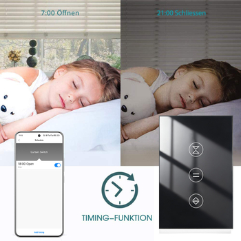 Comutator WiFi pentru rulouri, panou tactil, Tuya compatibil, control prin aplicația Smart App — distanța între găurile de montaj: 83,5 mm; 100-240V AC; 10A; 600W; 100.000 cicluri