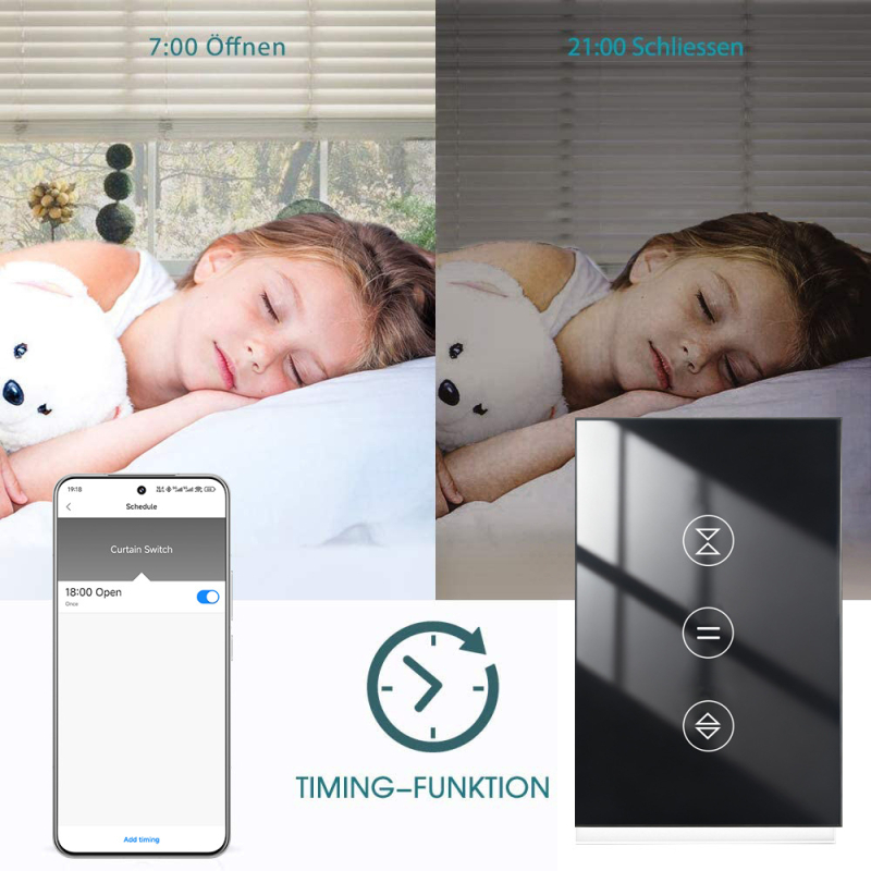 Comutator WiFi pentru rulouri, panou tactil, Tuya compatibil, control prin aplicația Smart App — distanța între găurile de montaj: 83,5 mm; 100-240V AC; 10A; 600W; 100.000 cicluri