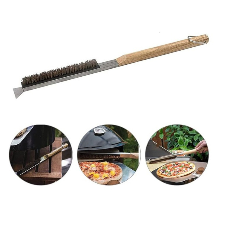 Četka za roštilj pizze s bakrenim žicom i drvenom drškom za čišćenje kamene peći