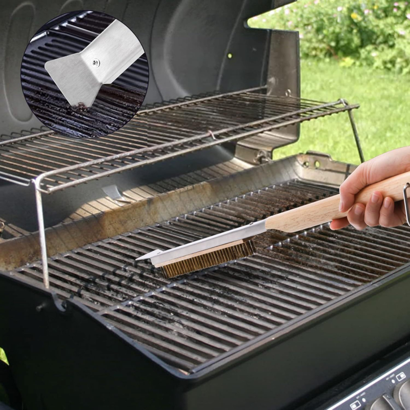 Četka za roštilj pizze s bakrenim žicom i drvenom drškom za čišćenje kamene peći