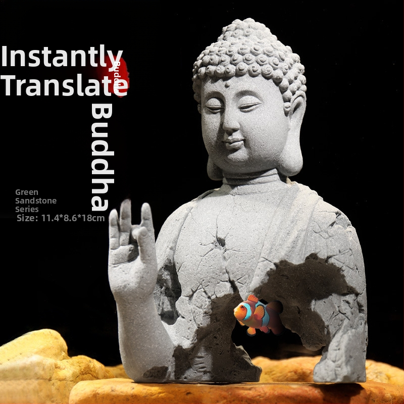 Statu Buddhe od plavog pijeska i ukras Sun Wukonga za akvarij, zen kameniti krajolik