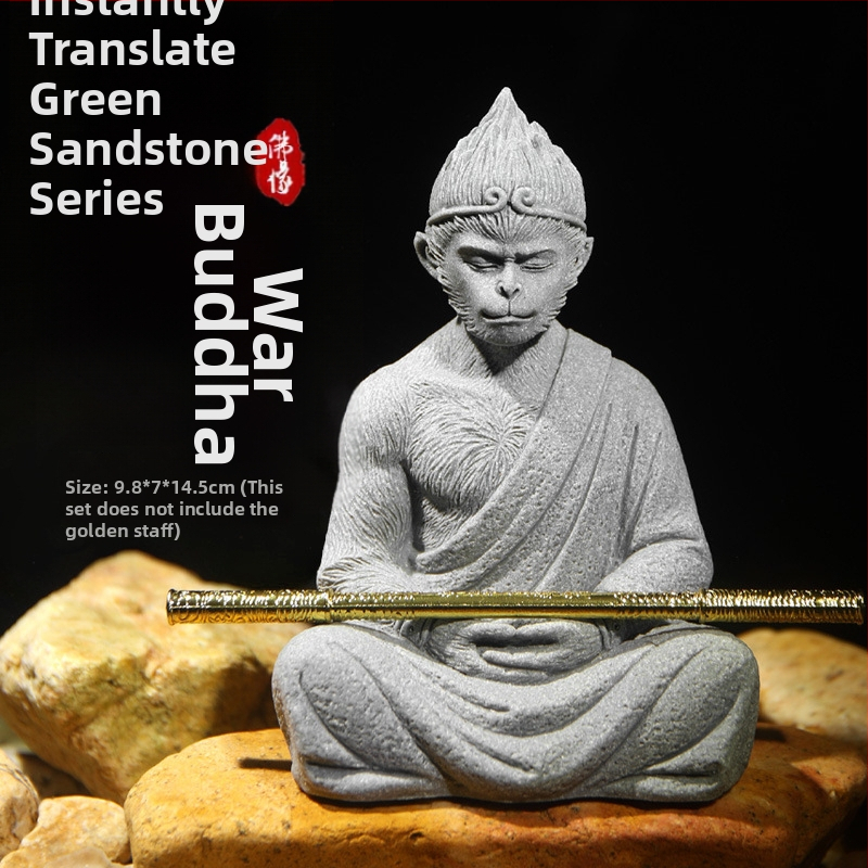Statu Buddhe od plavog pijeska i ukras Sun Wukonga za akvarij, zen kameniti krajolik