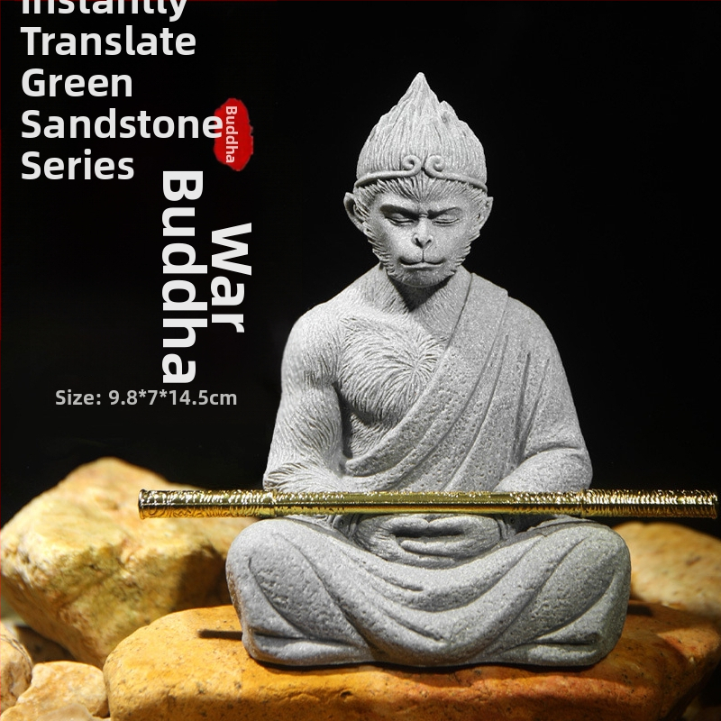 Statu Buddhe od plavog pijeska i ukras Sun Wukonga za akvarij, zen kameniti krajolik