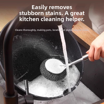 Ανοξείδωτη βούρτσα για κατσαρόλες με μακριά λαβή και μπάλα από ατσάλι για τον καθαρισμό στην κουζίνα