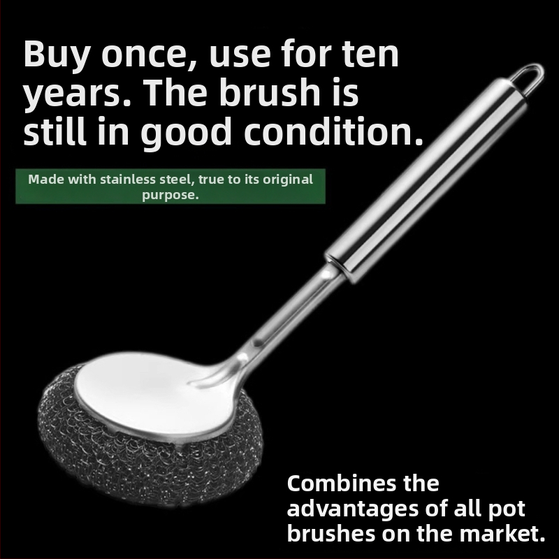 Ανοξείδωτη βούρτσα για κατσαρόλες με μακριά λαβή και μπάλα από ατσάλι για τον καθαρισμό στην κουζίνα