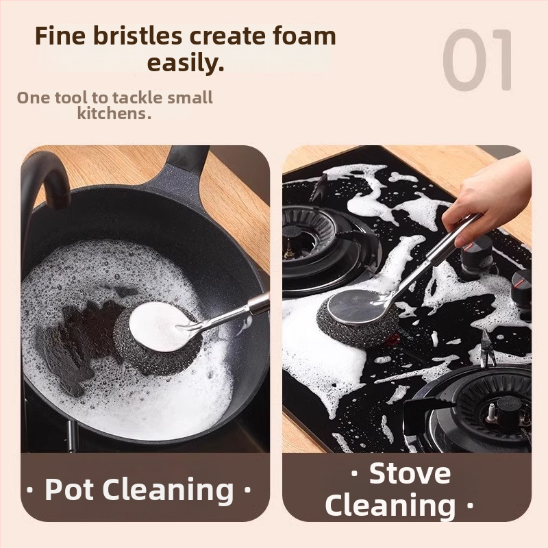 Ανοξείδωτη βούρτσα για κατσαρόλες με μακριά λαβή και μπάλα από ατσάλι για τον καθαρισμό στην κουζίνα