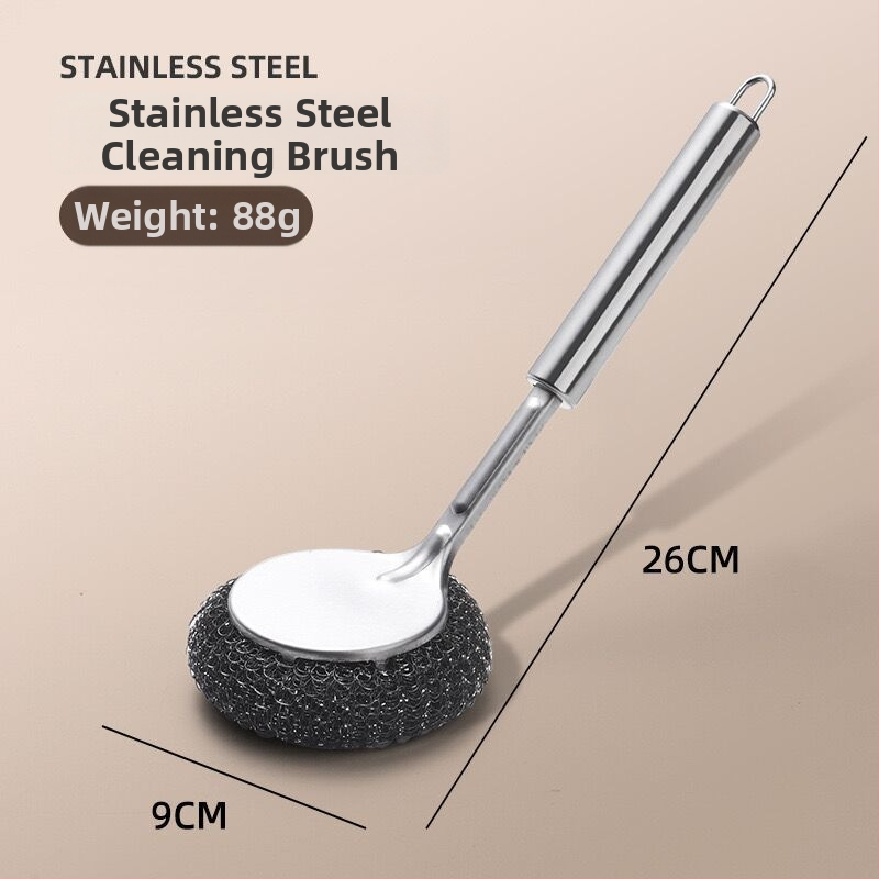 Ανοξείδωτη βούρτσα για κατσαρόλες με μακριά λαβή και μπάλα από ατσάλι για τον καθαρισμό στην κουζίνα