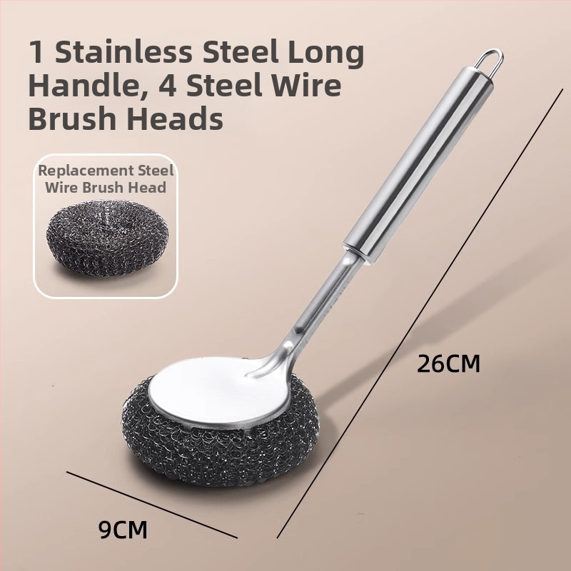 Ανοξείδωτη βούρτσα για κατσαρόλες με μακριά λαβή και μπάλα από ατσάλι για τον καθαρισμό στην κουζίνα
