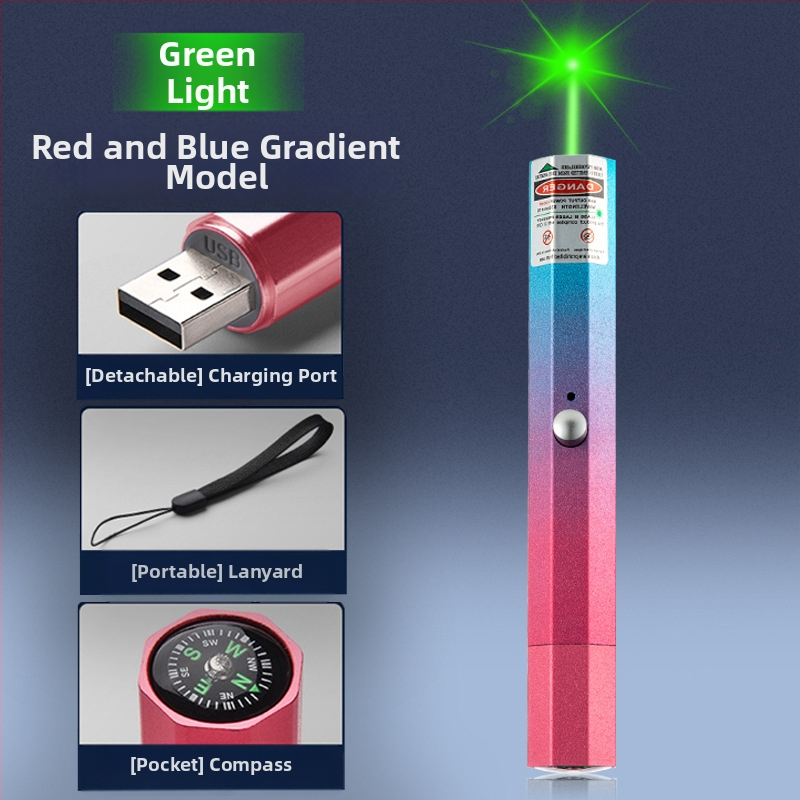 USB nabíjateľný laserový ukazovadlo s kovovým telom, laser s dvoma vlnovými dĺžkami, potlač loga a možnosť súkromnej značky