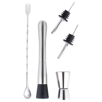 Set pribora za bar od nehrđajućeg čelika s koktel alatima — žlica za miješanje, mjerni čašice, vrč za vino, slamke i otvarač boca; dostupan u 2/3/5/8/9-dijelnih setova; lansiran ljeto 2024.