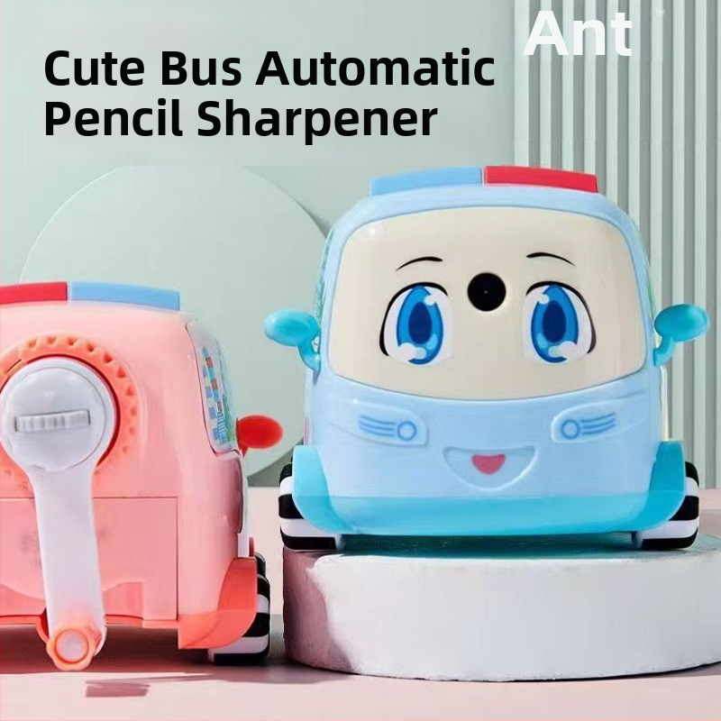 Ostrúkač ceruziek – dizajn kresleného autobusu, ručné ovládanie, nastaviteľná hrúbka grafitu, model 1502, plast