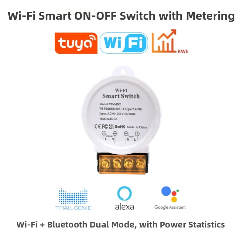 Inteligentný WiFi spínač s meraním, 90-250V AC, CE/FCC certifikáty, PC panel odolný voči ohňu