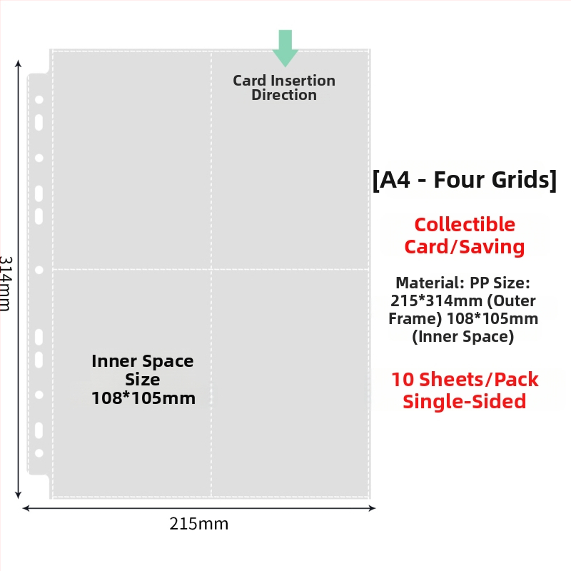 Vnútorné stránky fotoalbumu s priehľadnými PP vreckami, výmena, kompatibilné s otvormi 4 a 6, 10 alebo 25 listov