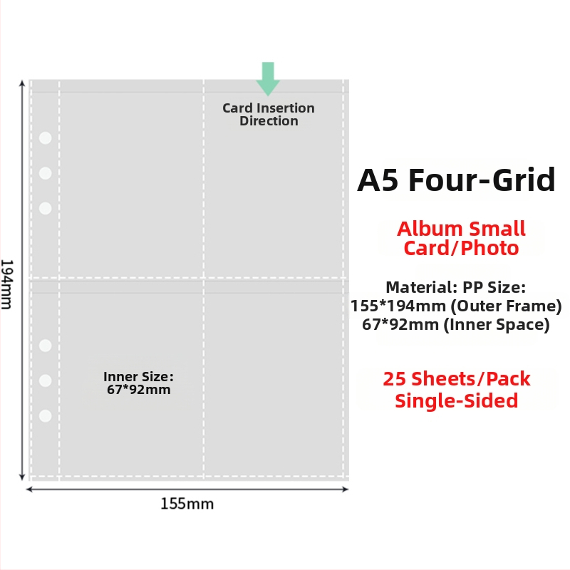 Vnútorné stránky fotoalbumu s priehľadnými PP vreckami, výmena, kompatibilné s otvormi 4 a 6, 10 alebo 25 listov