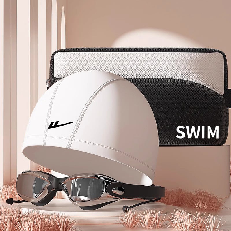 Set de înot cu șapcă PU și ochelari – confortabil, protecție pentru urechi și păr lung, potrivit pentru înot și sporturi acvatice