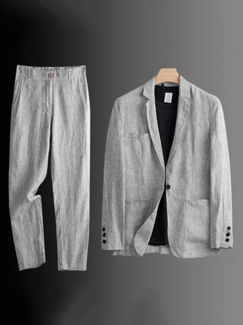 Muški laneno-pamučni kostim, slim-fit, dvodijelni set, notch rever, lagan za proljeće i jesen