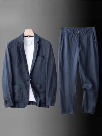 Muški laneno-pamučni kostim, slim-fit, dvodijelni set, notch rever, lagan za proljeće i jesen