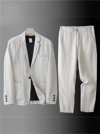 Muški laneno-pamučni kostim, slim-fit, dvodijelni set, notch rever, lagan za proljeće i jesen