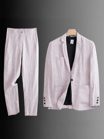 Muški laneno-pamučni kostim, slim-fit, dvodijelni set, notch rever, lagan za proljeće i jesen