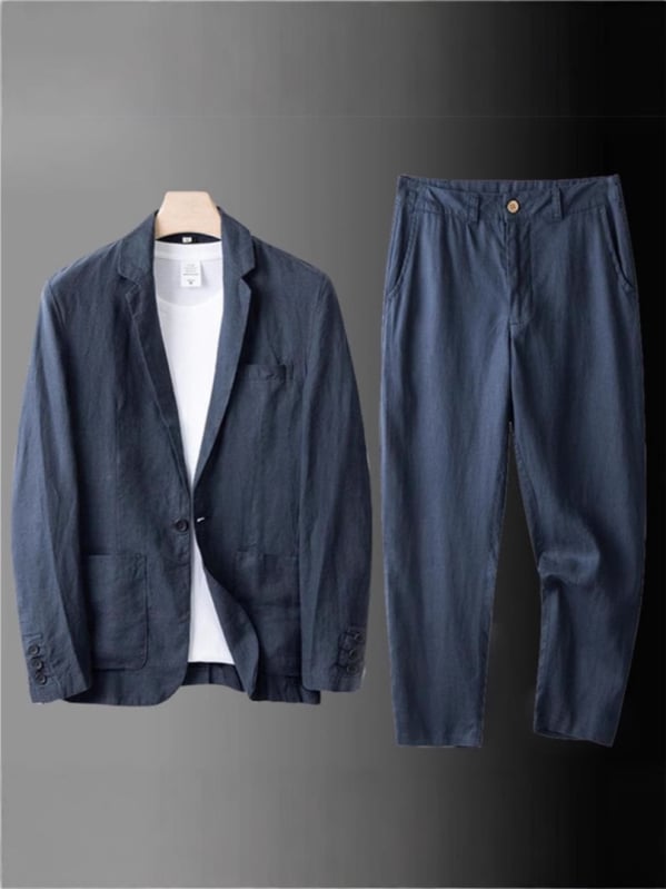 Muški laneno-pamučni kostim, slim-fit, dvodijelni set, notch rever, lagan za proljeće i jesen