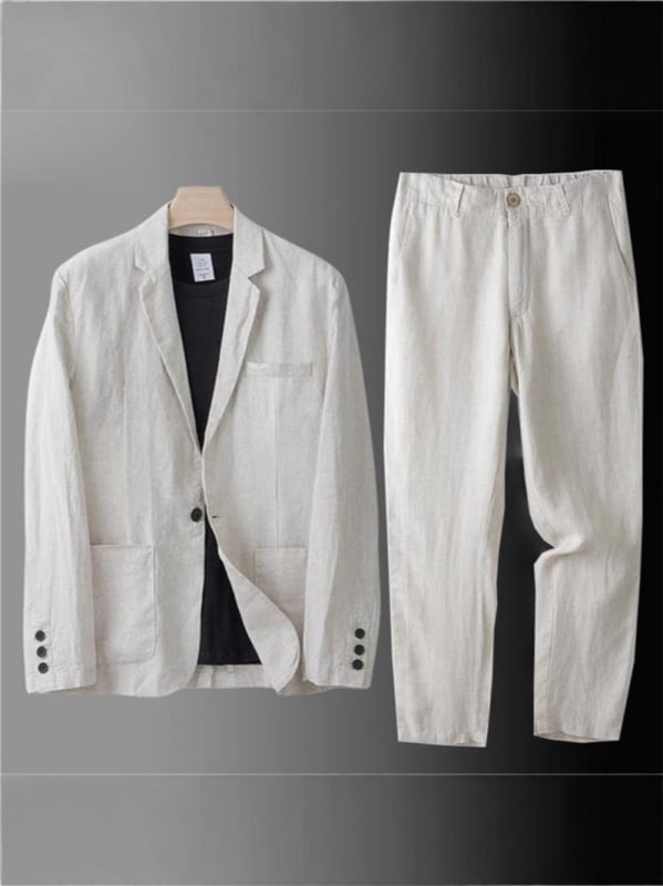 Muški laneno-pamučni kostim, slim-fit, dvodijelni set, notch rever, lagan za proljeće i jesen