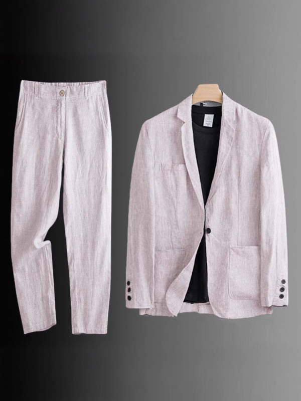 Muški laneno-pamučni kostim, slim-fit, dvodijelni set, notch rever, lagan za proljeće i jesen