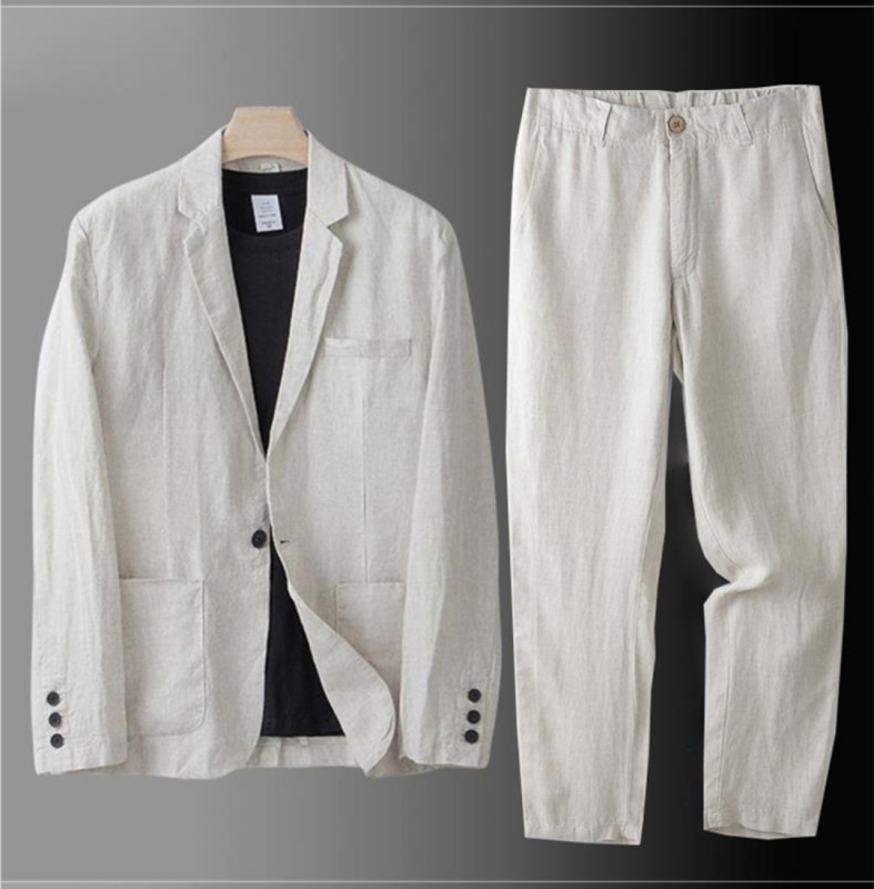 Muški laneno-pamučni kostim, slim-fit, dvodijelni set, notch rever, lagan za proljeće i jesen