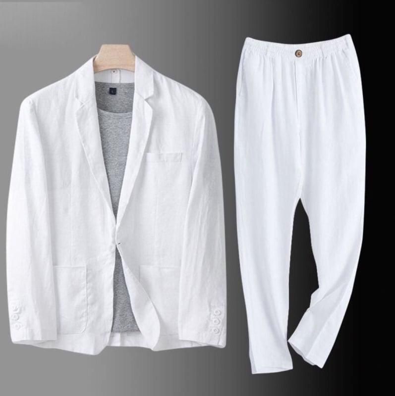 Muški laneno-pamučni kostim, slim-fit, dvodijelni set, notch rever, lagan za proljeće i jesen