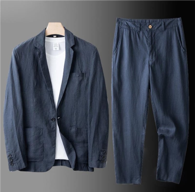 Muški laneno-pamučni kostim, slim-fit, dvodijelni set, notch rever, lagan za proljeće i jesen