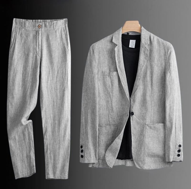 Muški laneno-pamučni kostim, slim-fit, dvodijelni set, notch rever, lagan za proljeće i jesen