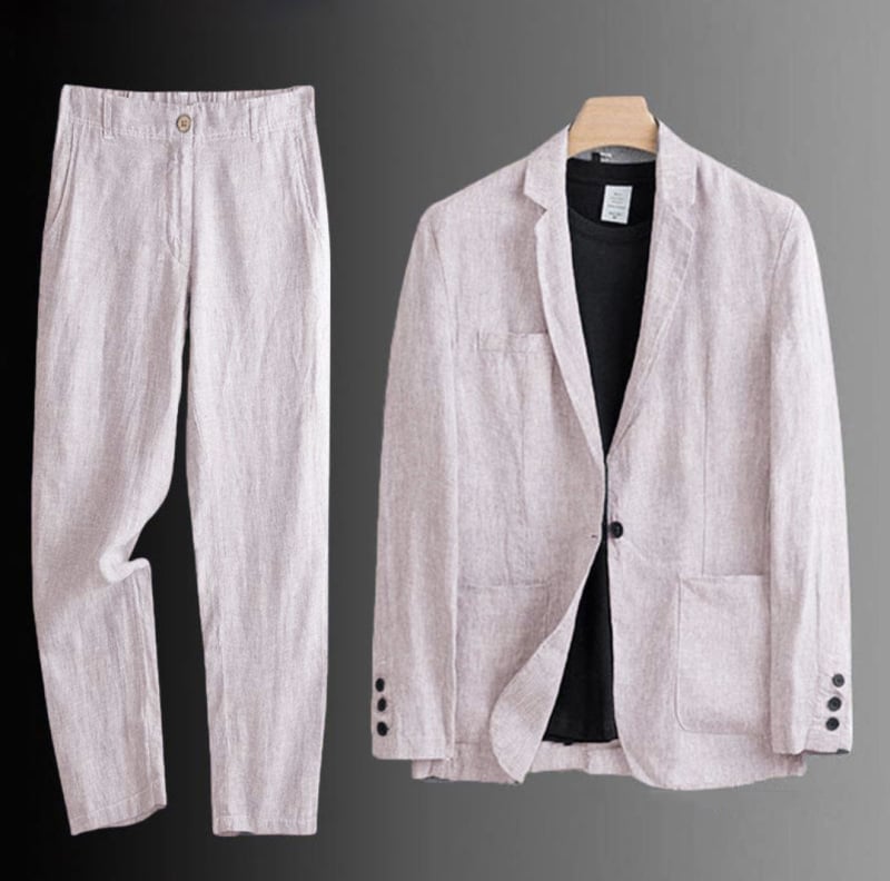 Muški laneno-pamučni kostim, slim-fit, dvodijelni set, notch rever, lagan za proljeće i jesen