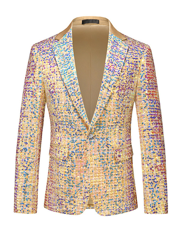 Férfi öltöny szegecsekkel díszítve bankett és színpadi előadásokhoz — karcsú szabású, egyrészes, egygombos, notch gallér, középső hátsó hasítás, pamut-gyapjú keverék 50% acetát