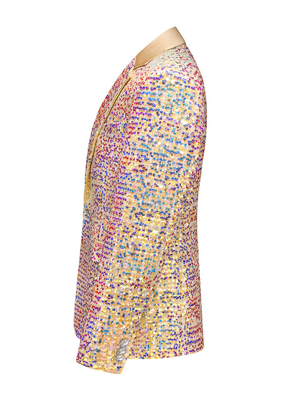 Férfi öltöny szegecsekkel díszítve bankett és színpadi előadásokhoz — karcsú szabású, egyrészes, egygombos, notch gallér, középső hátsó hasítás, pamut-gyapjú keverék 50% acetát